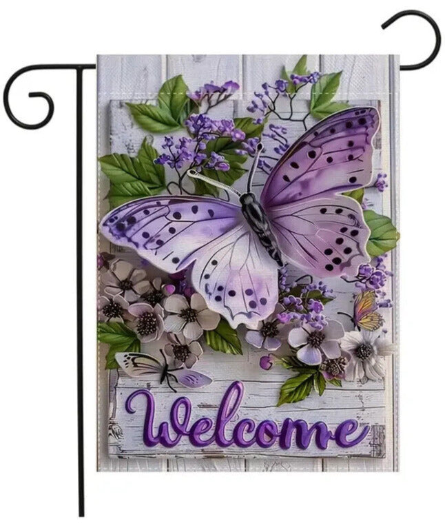 Purple Butterfly Welcome Burlap Garden Flag Double-Sided 12" x 18" NEW! Home & Garden:Yard, Garden & Outdoor Living:Décor:Flags Cozy Home Treasures